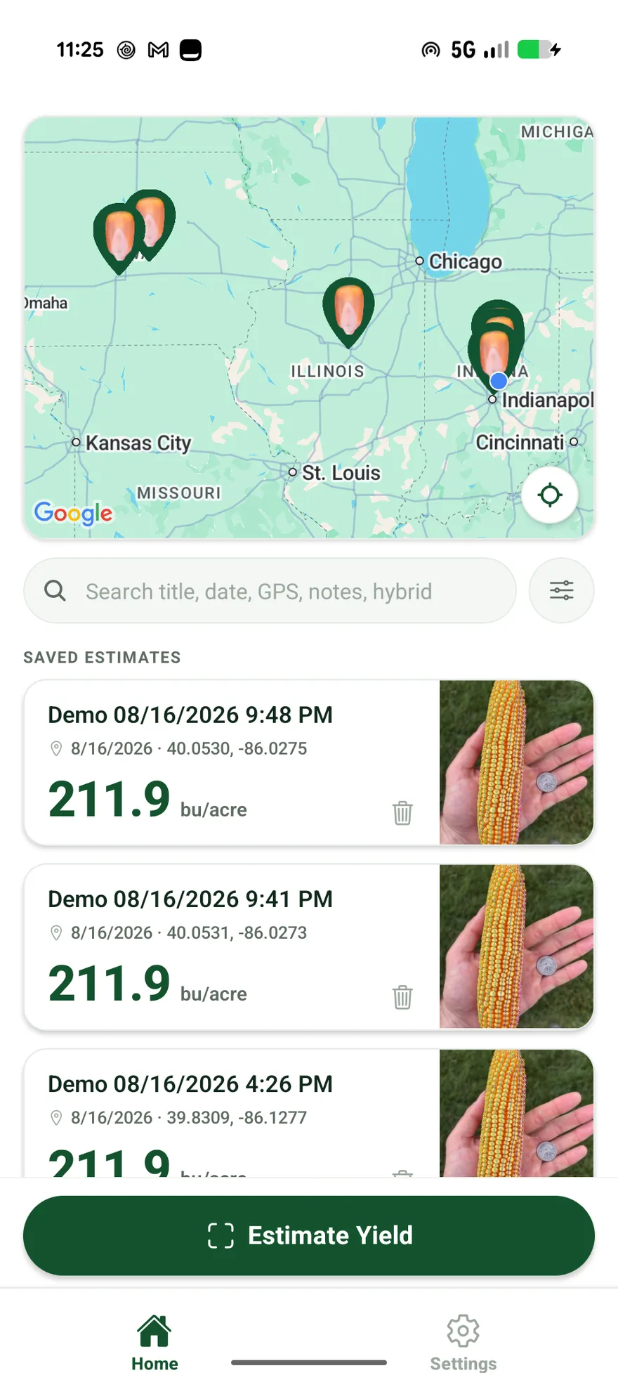 Kernel home screen with estimates pinned on a map and a searchable list