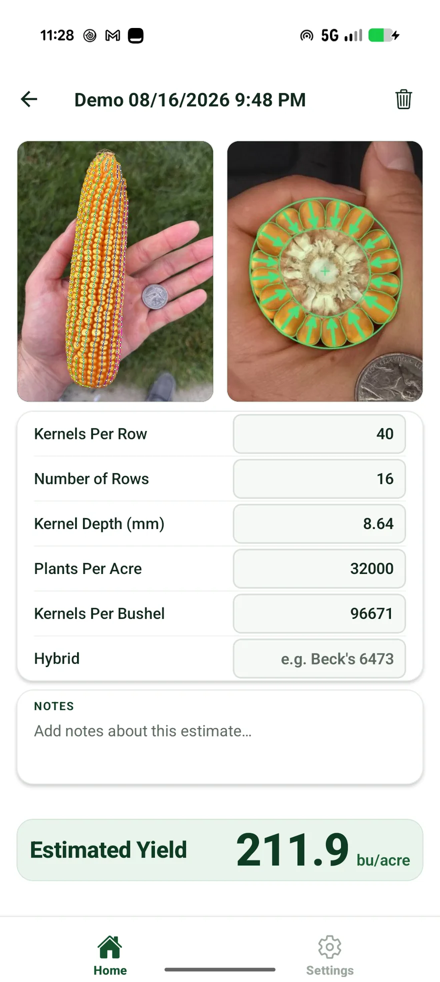 Kernel estimate screen showing kernels per row, rows, kernel depth, plants per acre, kernels per bushel and 211.9 bu/acre